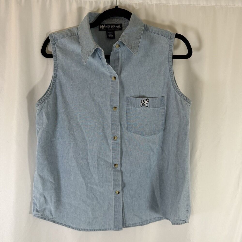 Big Dogs Chambray Vest Women's Medium Button Up Blue 100% Cotton Pocket